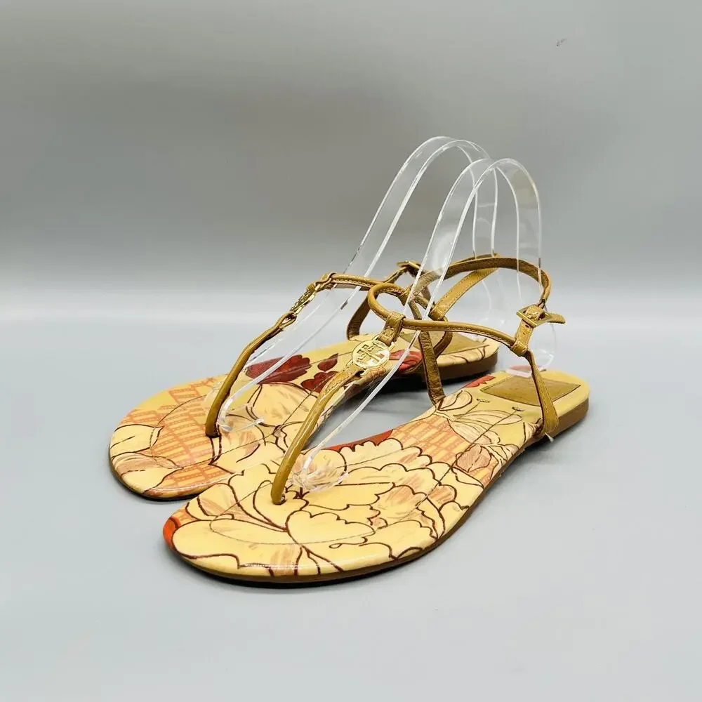 Tory Burch Sandals Womens 7.5 Tan Patent Leather Floral Thong Logo Flats